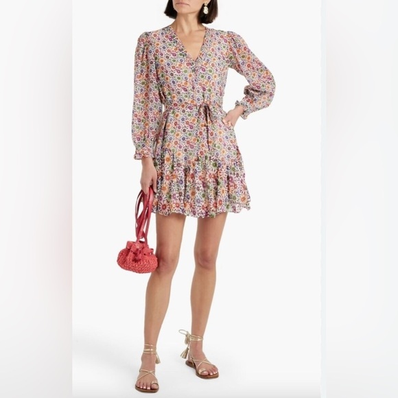 Saloni Franca Silk Floral Print Resort Mini Wrap Dress - Size 4 - Picture 2 of 9